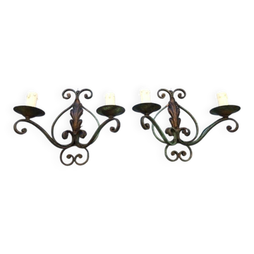 Art Deco Wrought Iron Wall Sconces: French Tole Twin Arm Lights