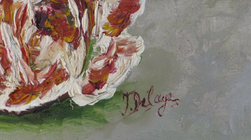 Oil painting on panel bouquet signed J.Delage