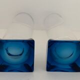 4 blue crystal glasses with rectangular base