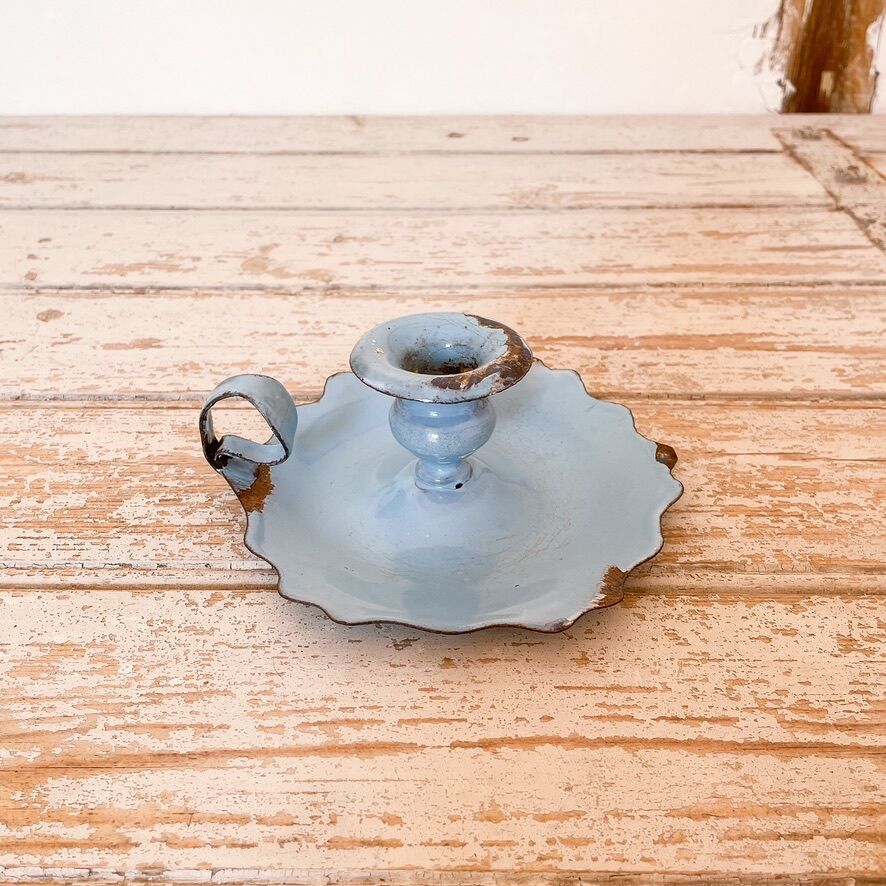 Blue enameled sheet metal candle holder