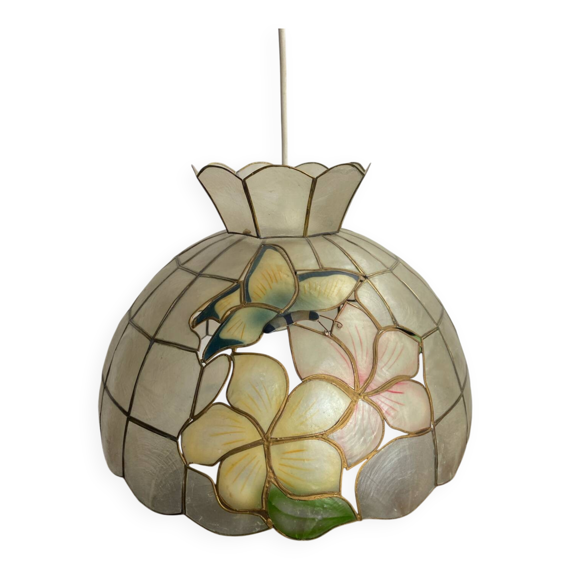 Pendant light, chandelier in mother-of-pearl and brass