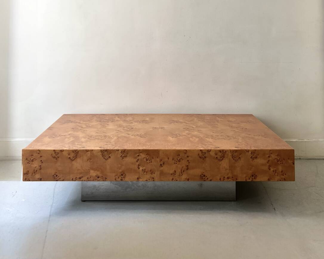 Coffee table with elm burl, integrated drawers, Mahey for Roche Bobois 1970.