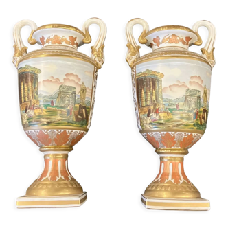 Pair of painted porcelain vases antique scenes