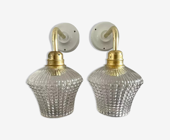 Paire d’appliques vintage en verre ciselé électrifiées à neuf