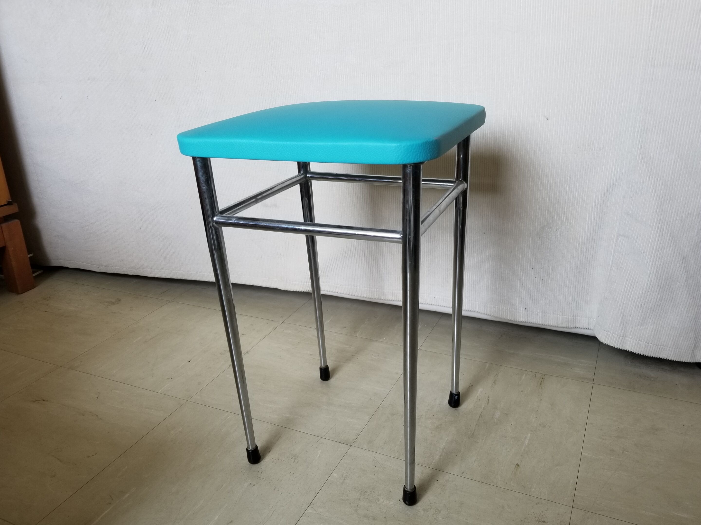 Vintage chromed stool in turquoise blue skai