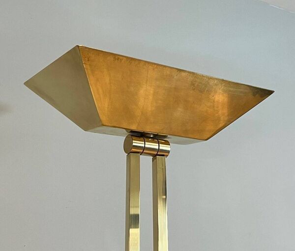 Lampadaire de Parquet en Laiton à Réflecteur Orientable sur Socle en Traver
