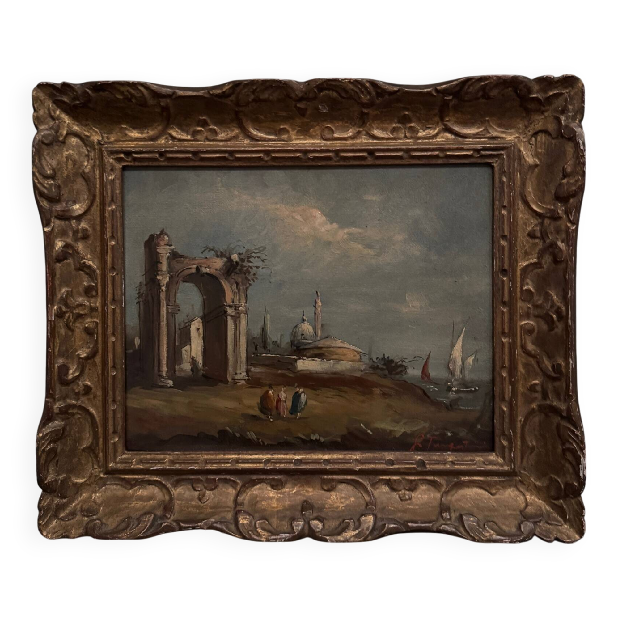 Oil on panel depicting a port from the early 20th century