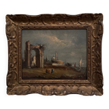 Oil on panel depicting a port from the early 20th century