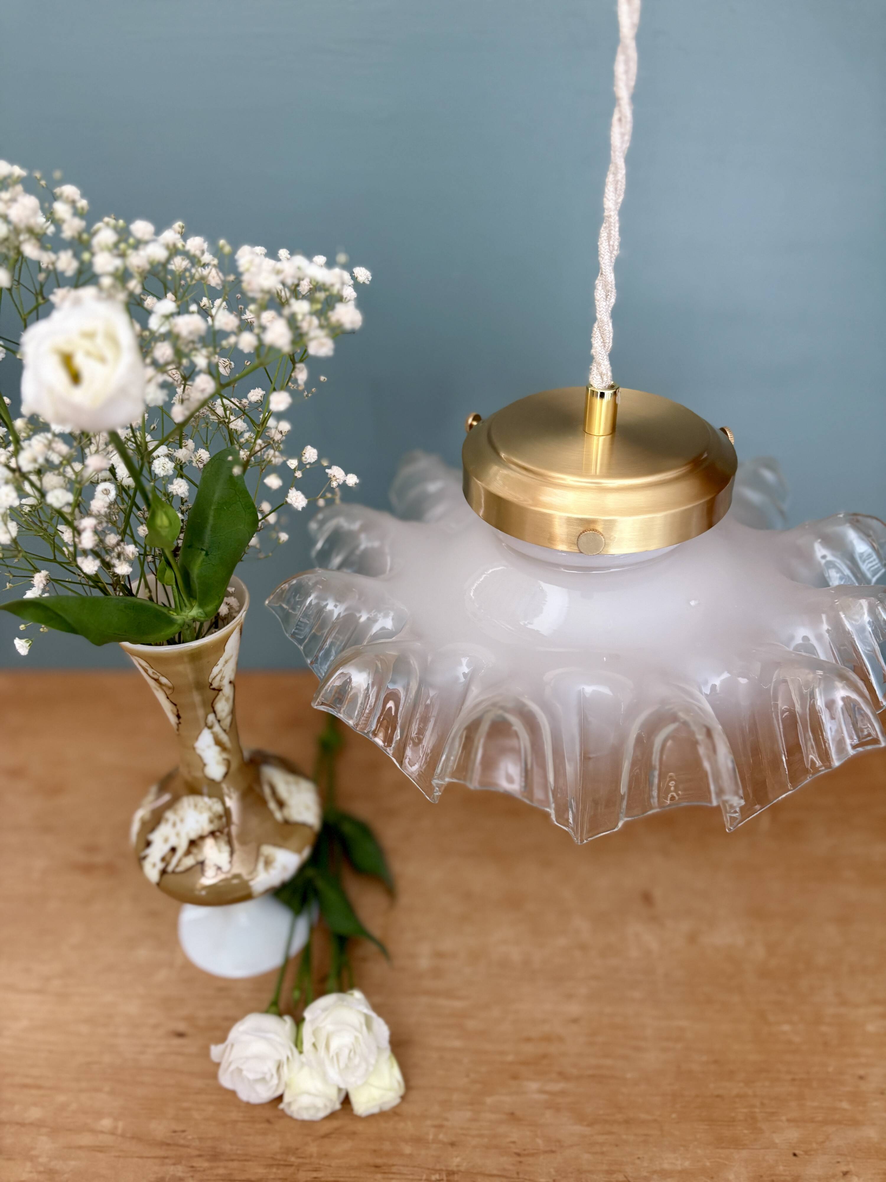 Vintage lace glass pendant lampshade, half white, half transparent