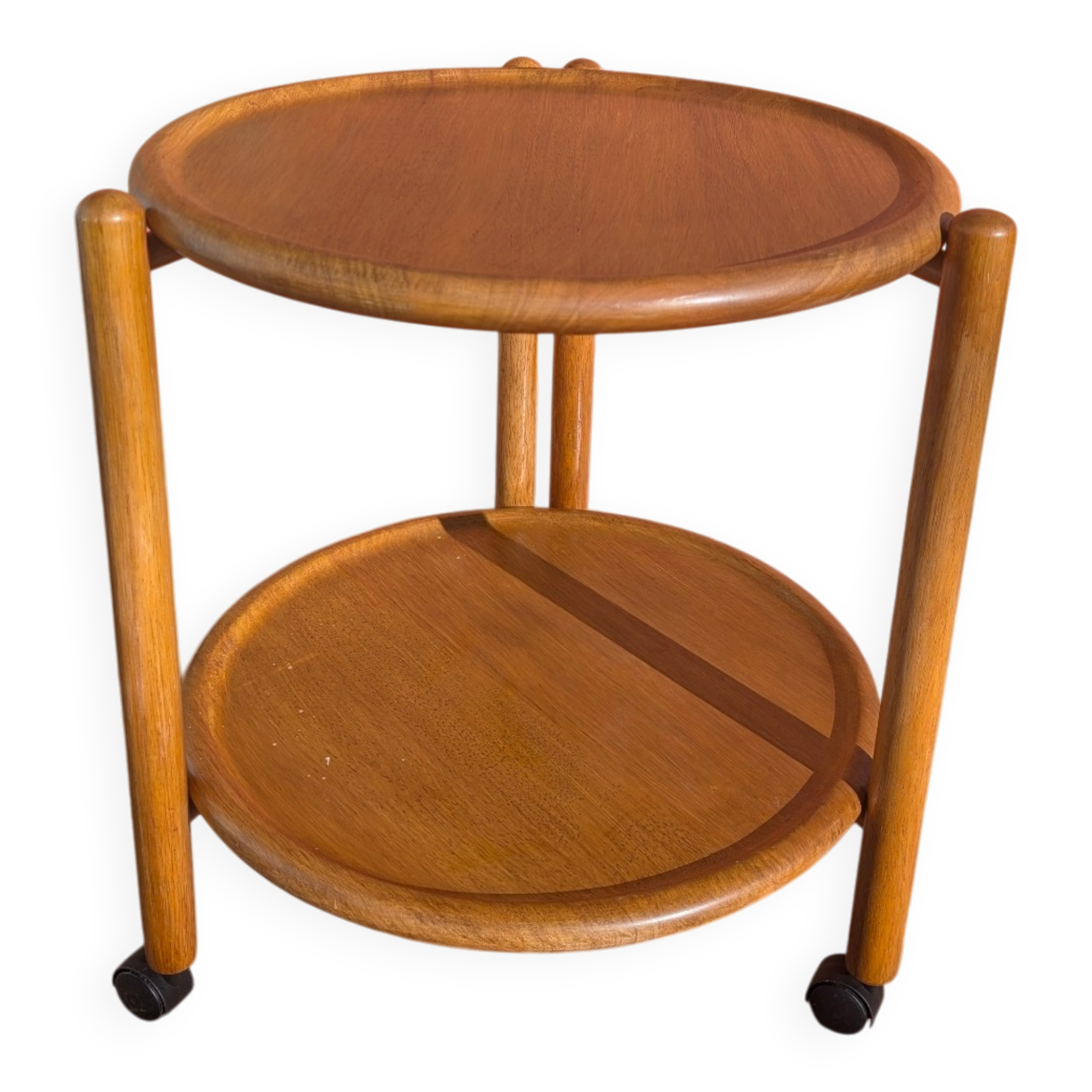 Side table with 2 trays on wheels, foldable, light wood (beech)