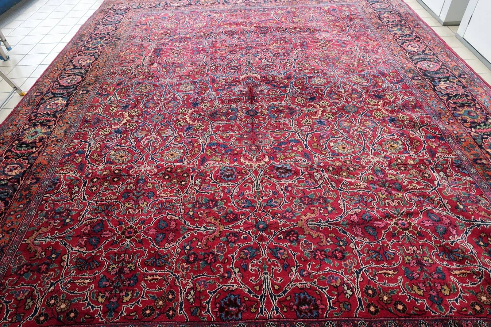 1920s Handmade Antique Wool Floral Rug, Red & Navy, 313 × 396 cm - 1C1303