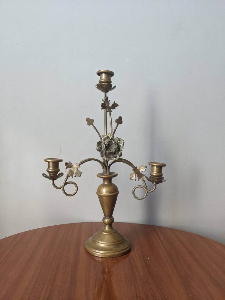 Antique candle holder old brass sunflower baroque countryside three branches