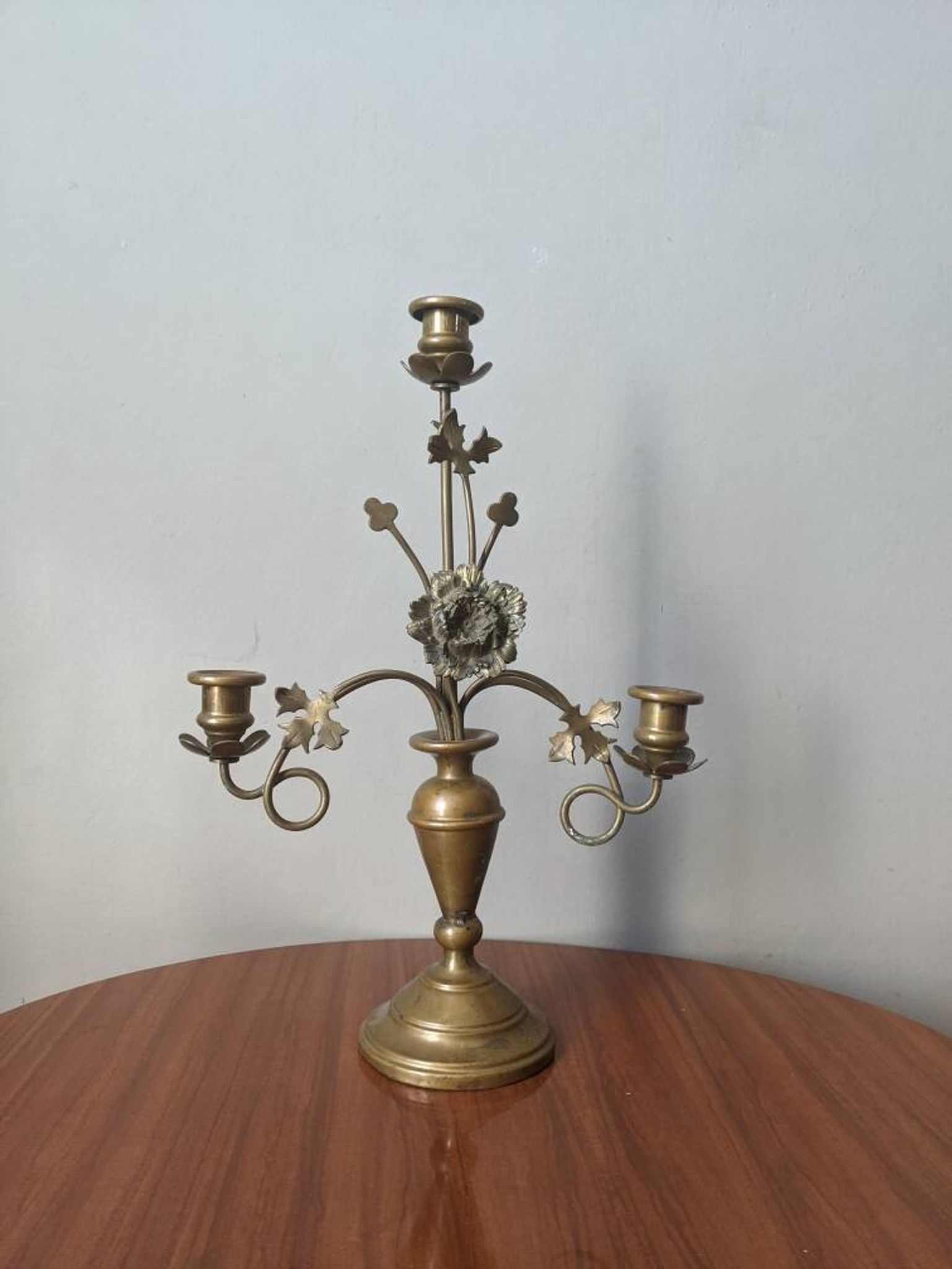 Antique candle holder old brass sunflower baroque countryside three branches