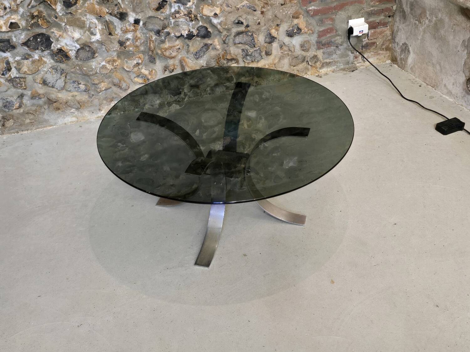 Vintage metal and smoked glass coffee table, 1970