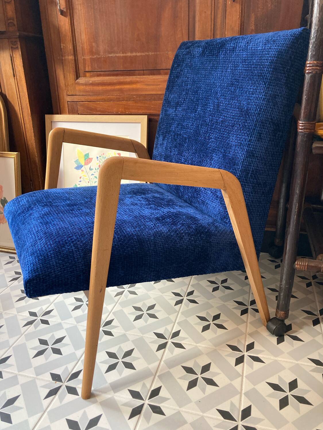 Scandinavian blue velvet armchair