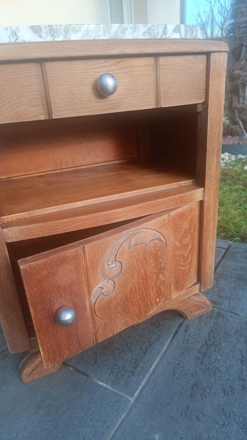 Solid oak bedside table with marble