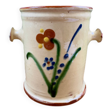 Pot en céramique ancienne décor floral peint main