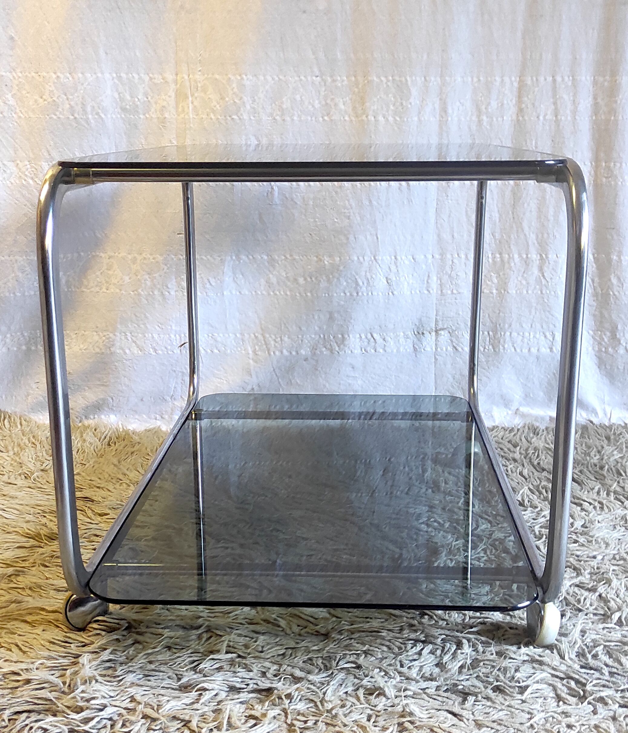 Side table in chromed metal and smoked glass, 60s-70s