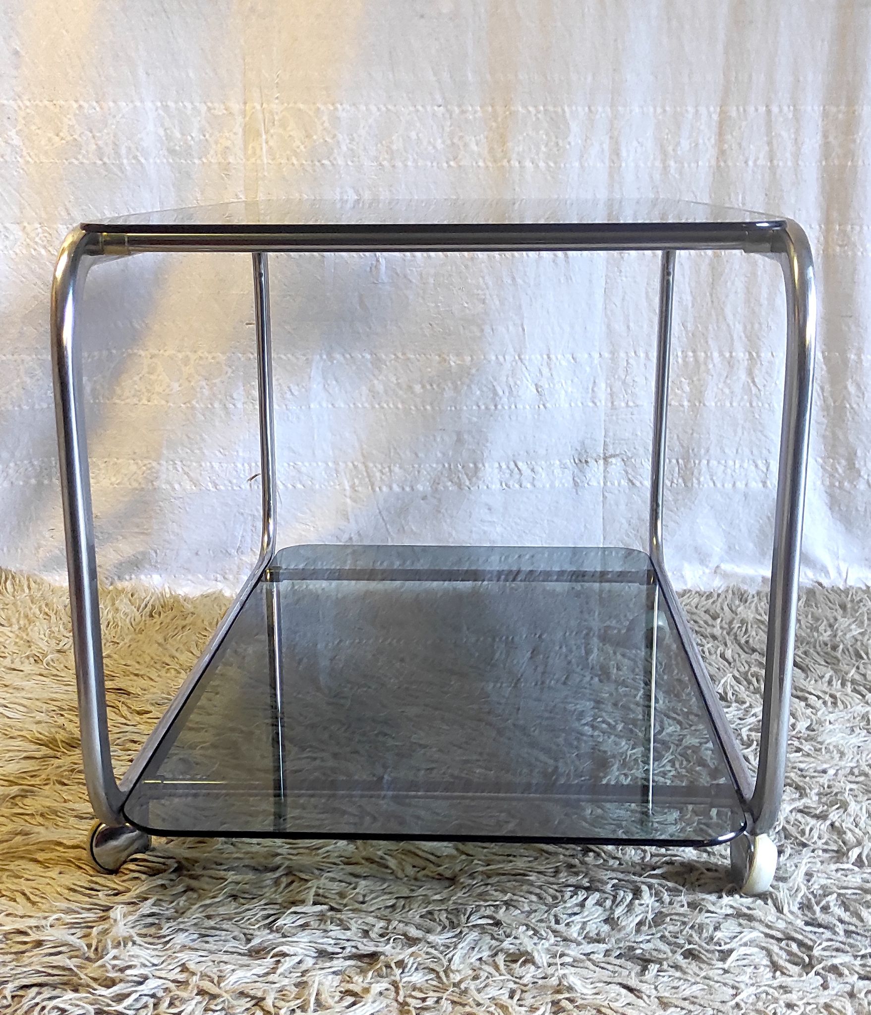 Side table in chromed metal and smoked glass, 60s-70s