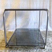 Side table in chromed metal and smoked glass, 60s-70s
