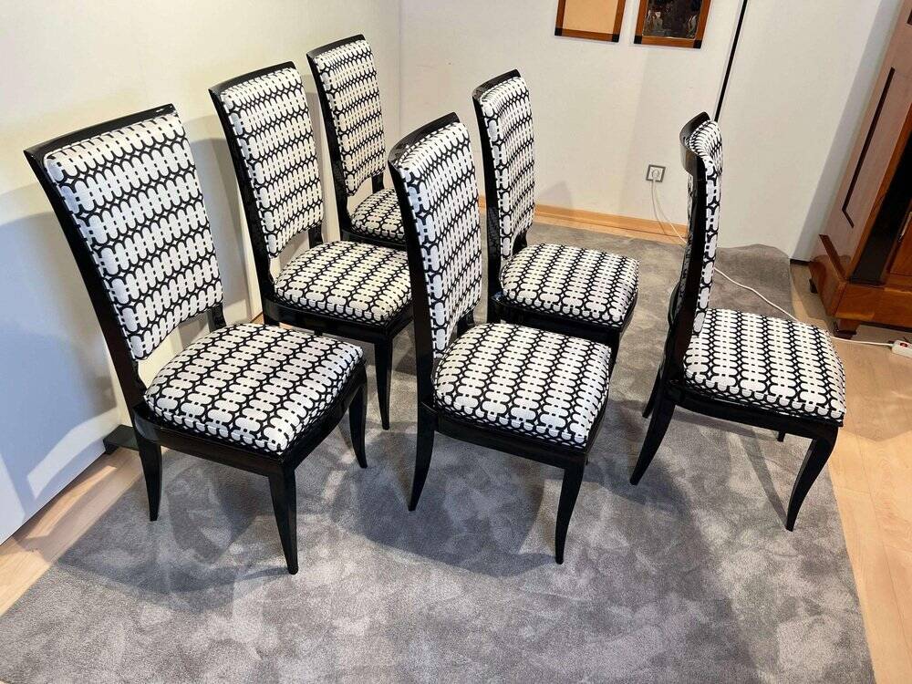 Art Deco High Back Black Lacquered Dining Chairs, France, 1930s, Set of 6