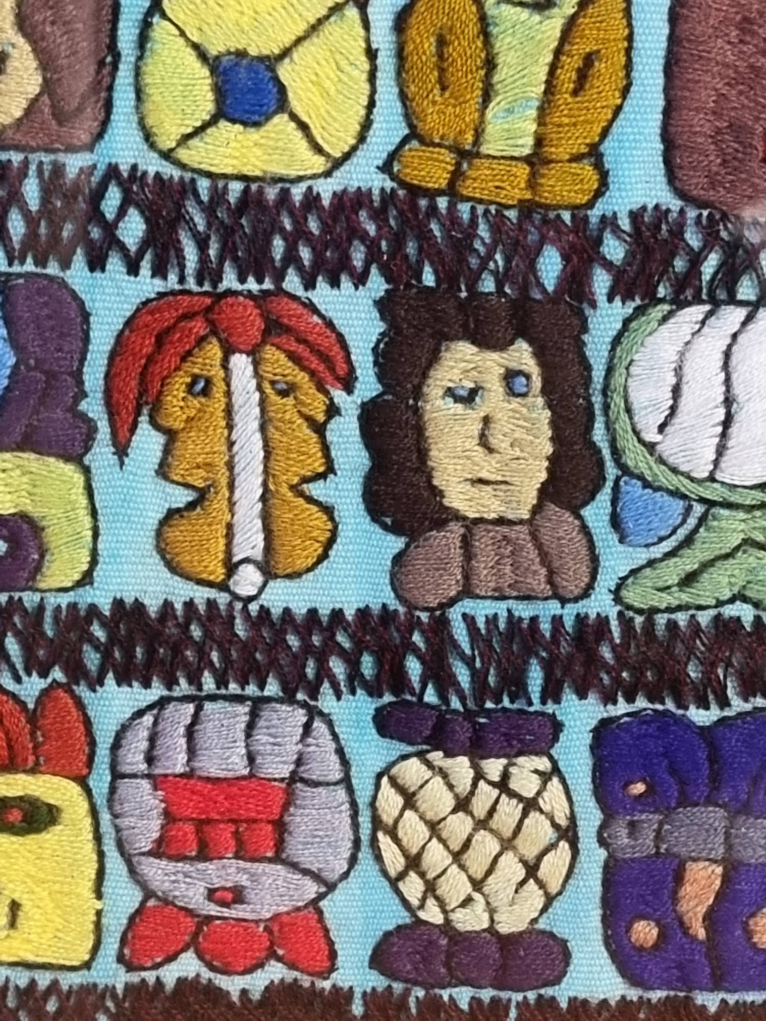 Native American tapestry, embroidered framed, colorful Mayan symbology, 84 cm