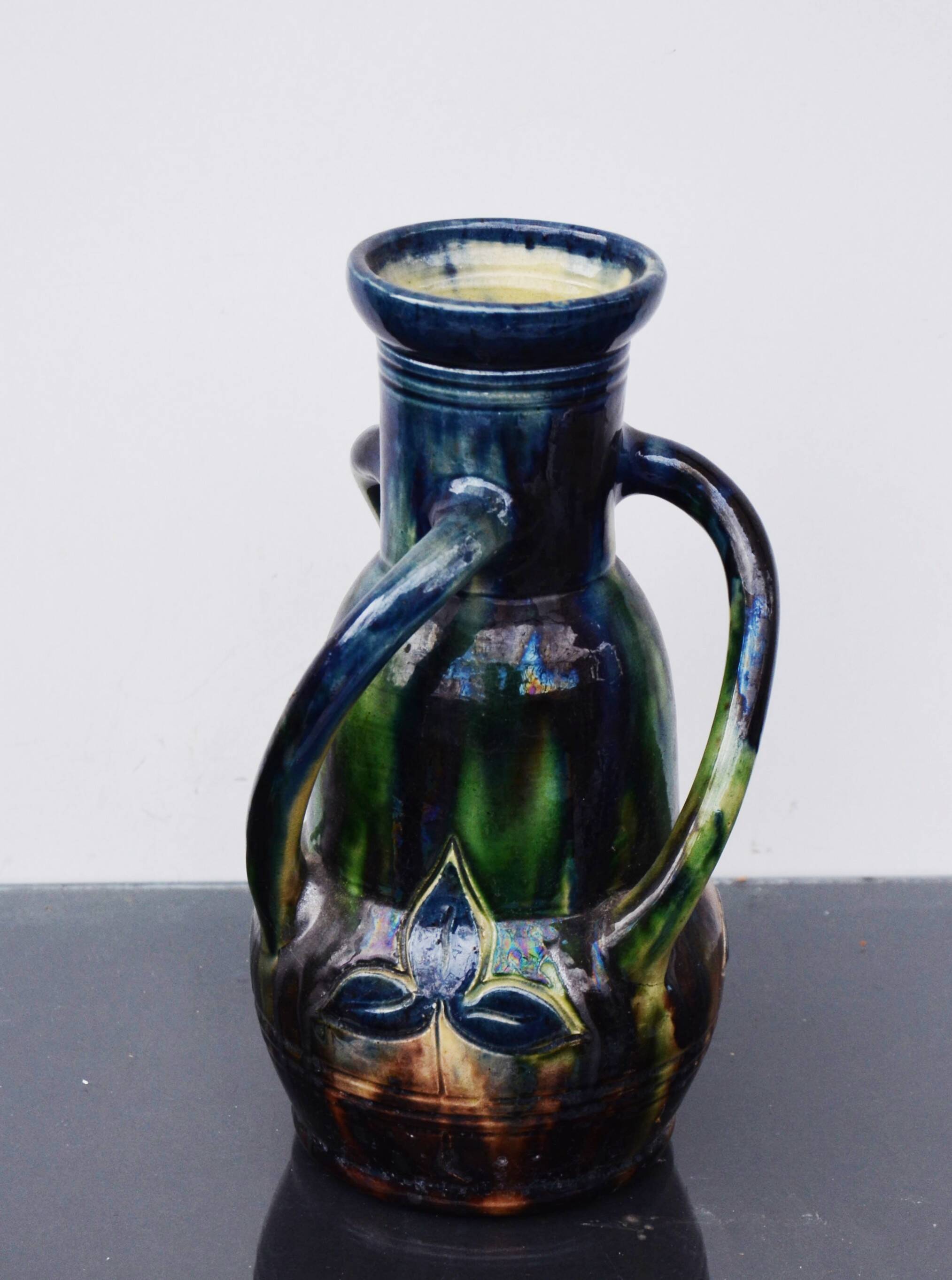 Art Nouveau Mini Vase Drip Glaze Faienceries Belgium with 3 Twisted Handles