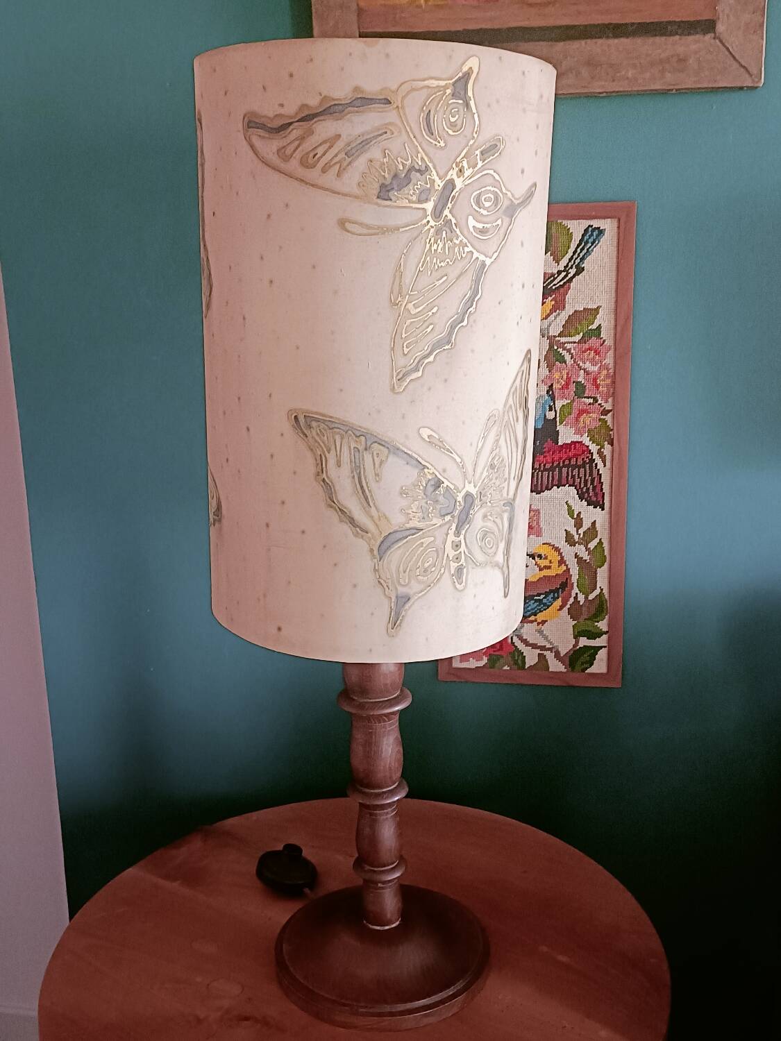 Turned wood lamp and silk lampshade