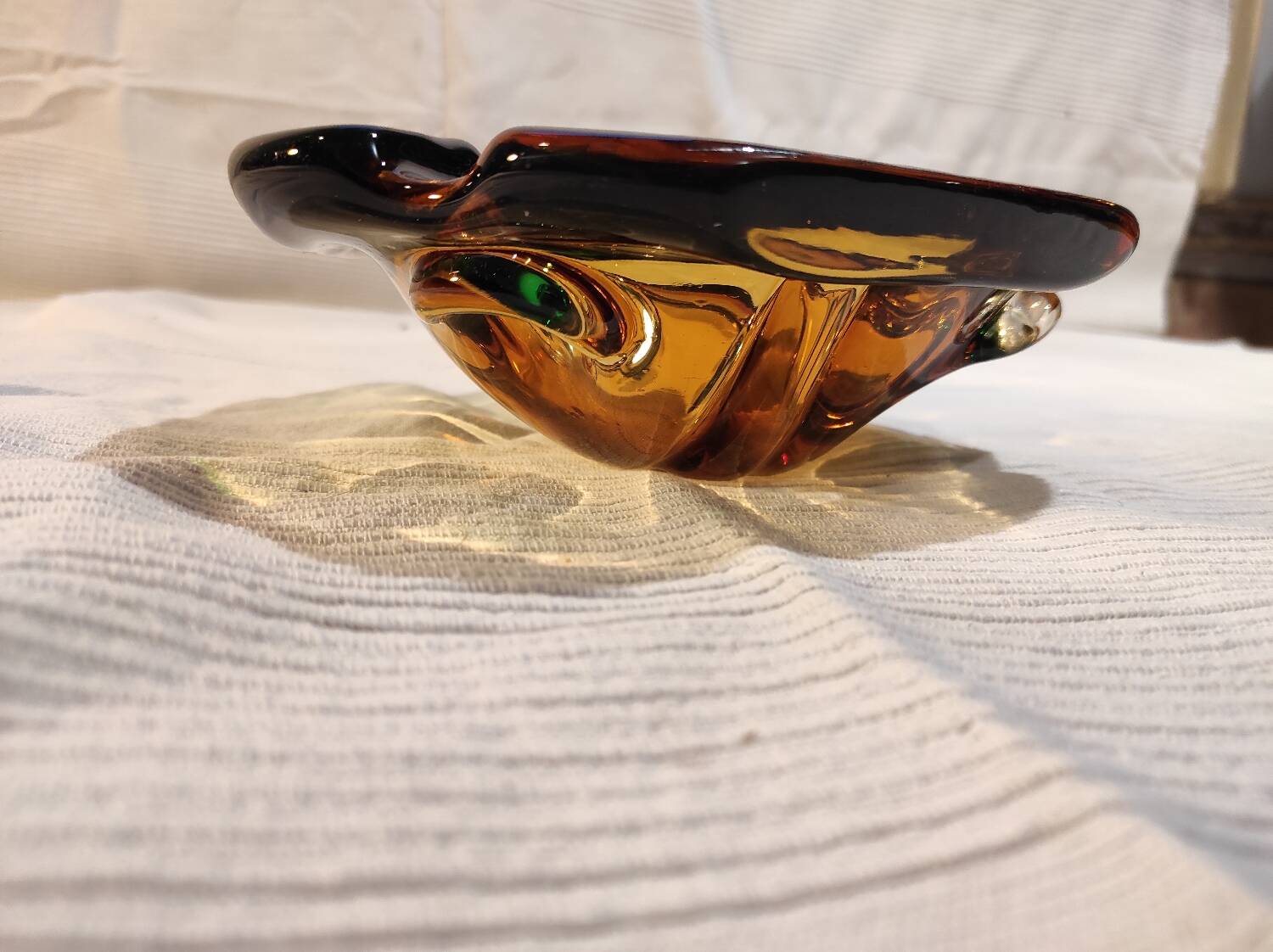 Murano green and yellow blown glass ashtray, 1970