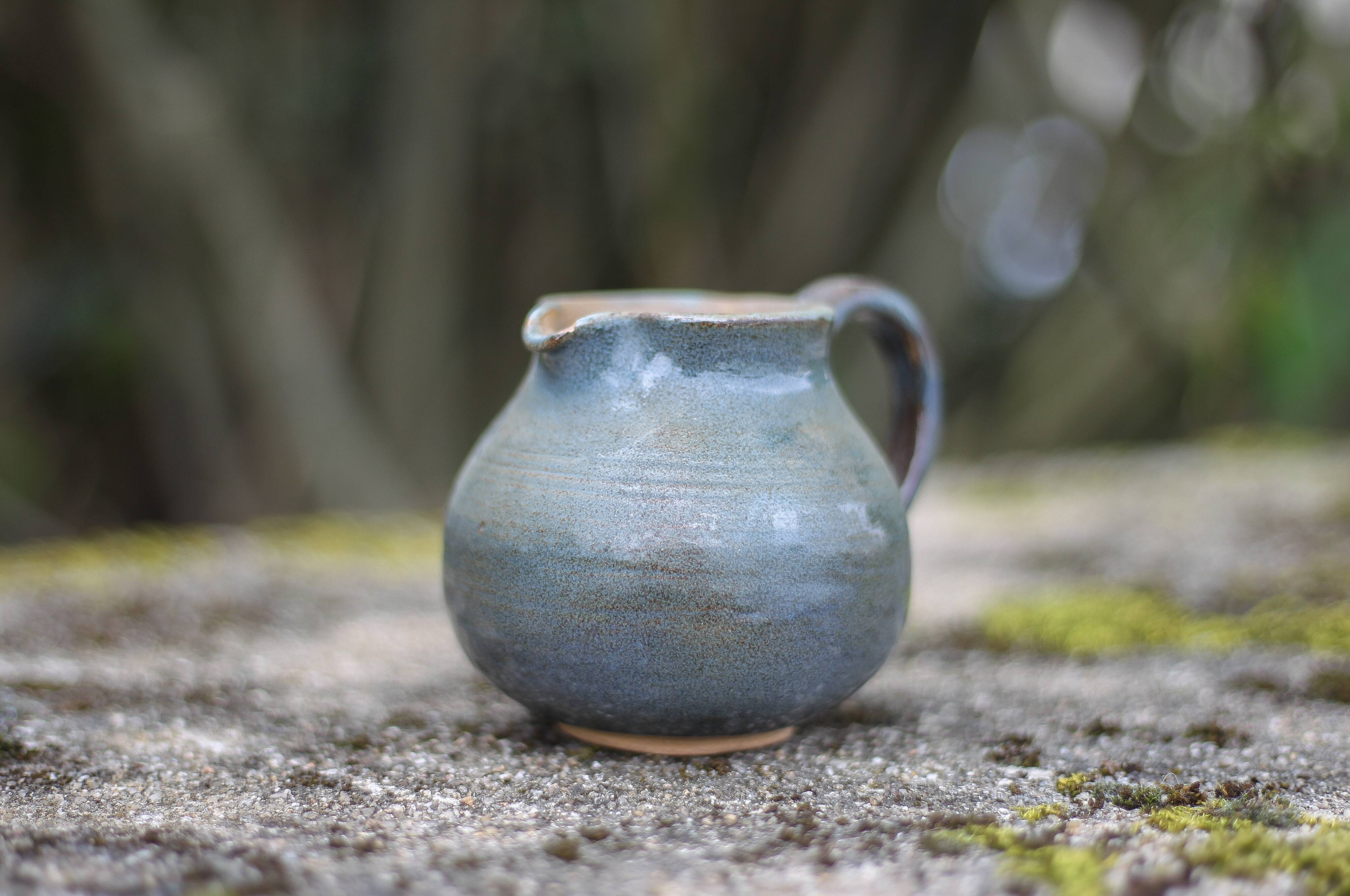 Blue glazed ceramic pitcher signed BB, vintage pitcher, small pitcher, cream pot, milk pot