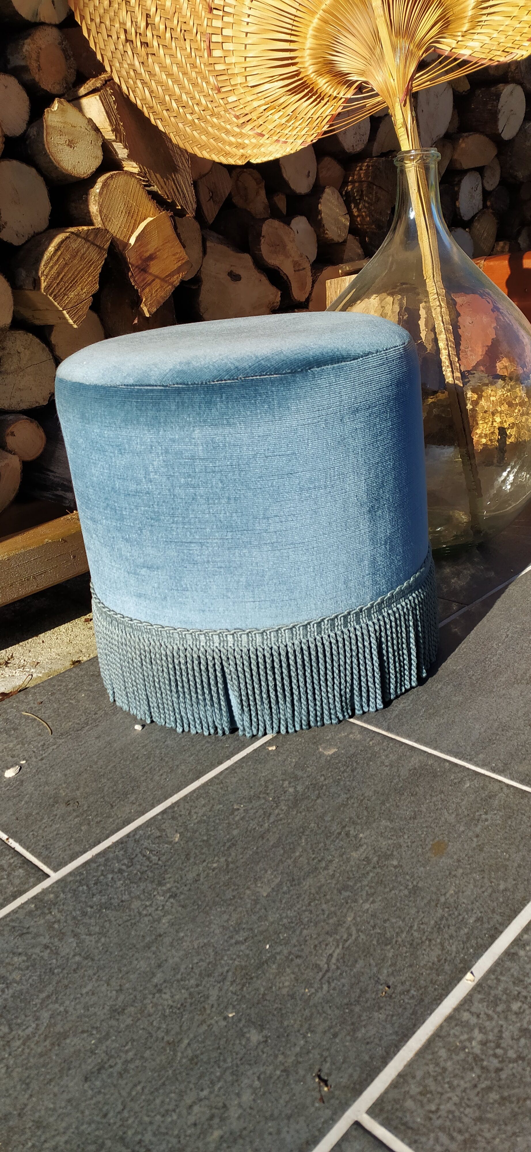 Vintage blue velvet pouf