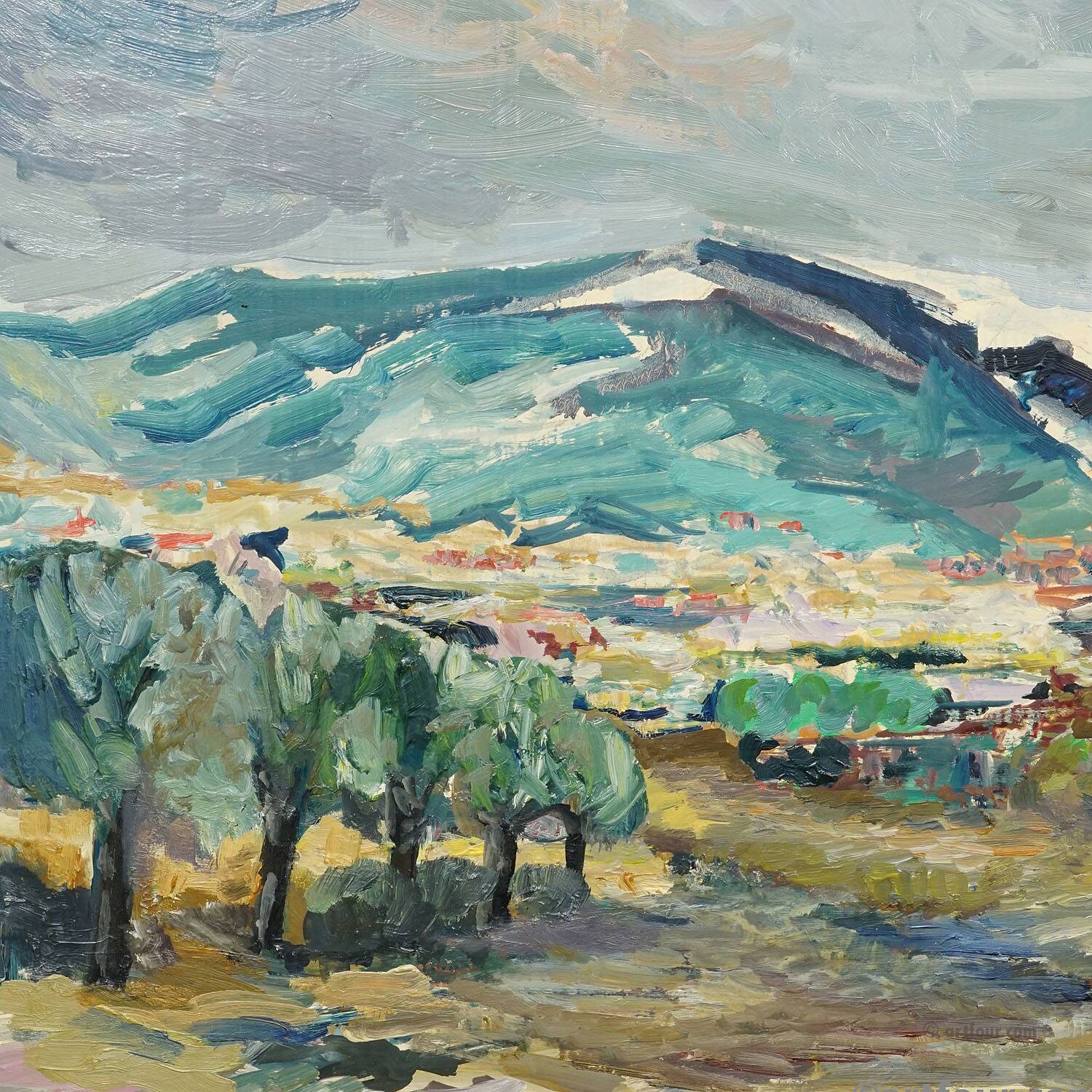 Oil painting by Alexander Michael depicting a mountain landscape, 1969.