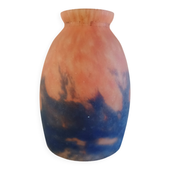 Tulipe Art déco en verre marmoréen orange et bleu violine