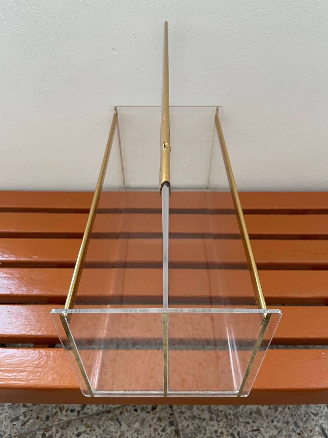 80s Plexiglas and brass magazine rack