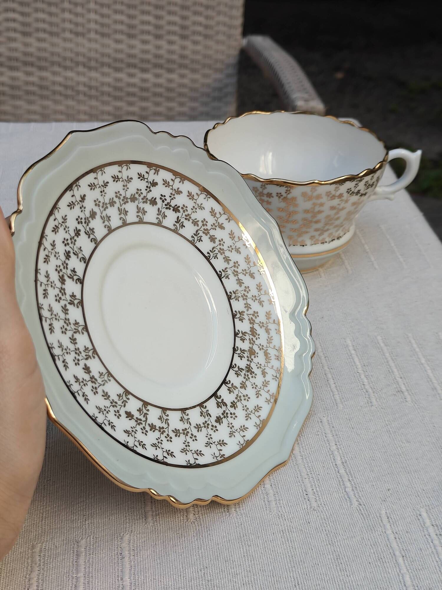 Duo of tea cups and saucers Limoges Lucien Michelaud - Green porcelain