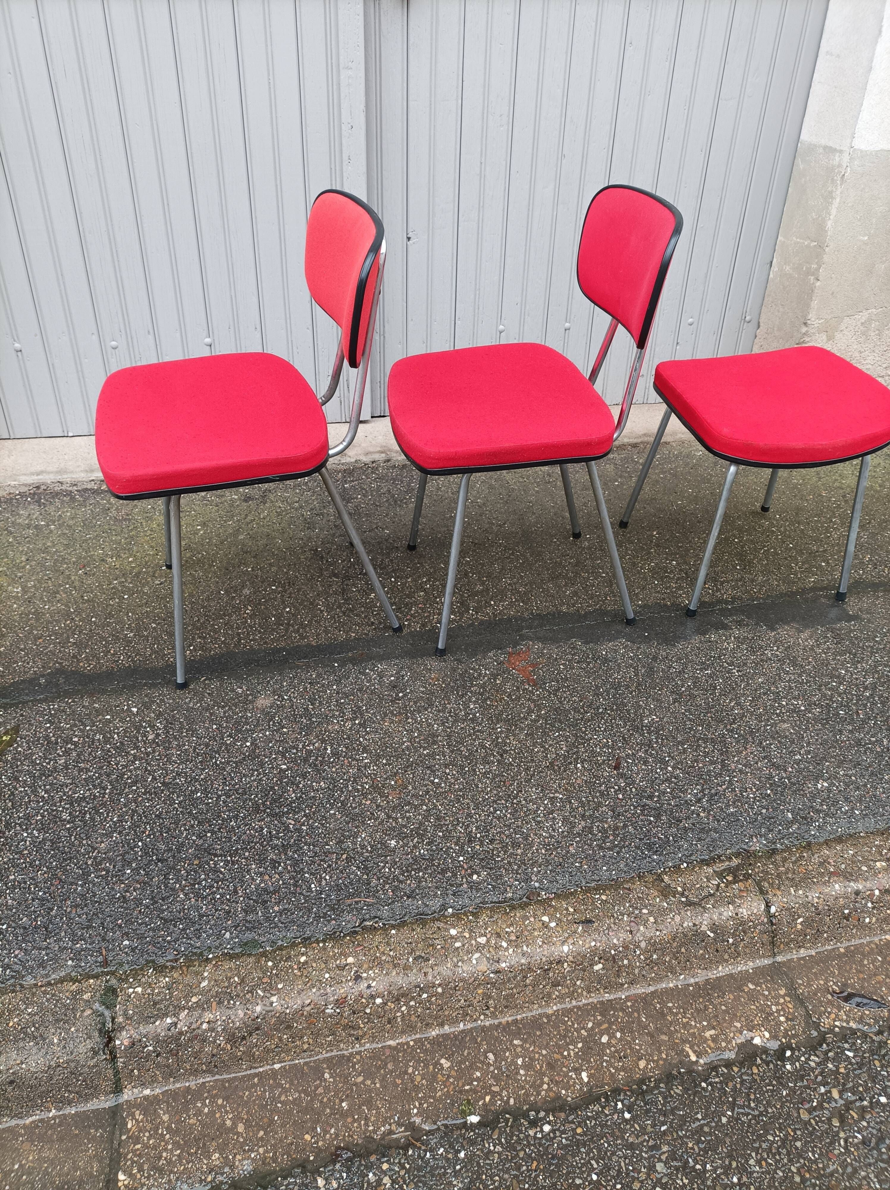 Set of 2 chairs and 1 vintage stool red fabric