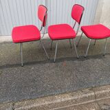 Set of 2 chairs and 1 vintage stool red fabric