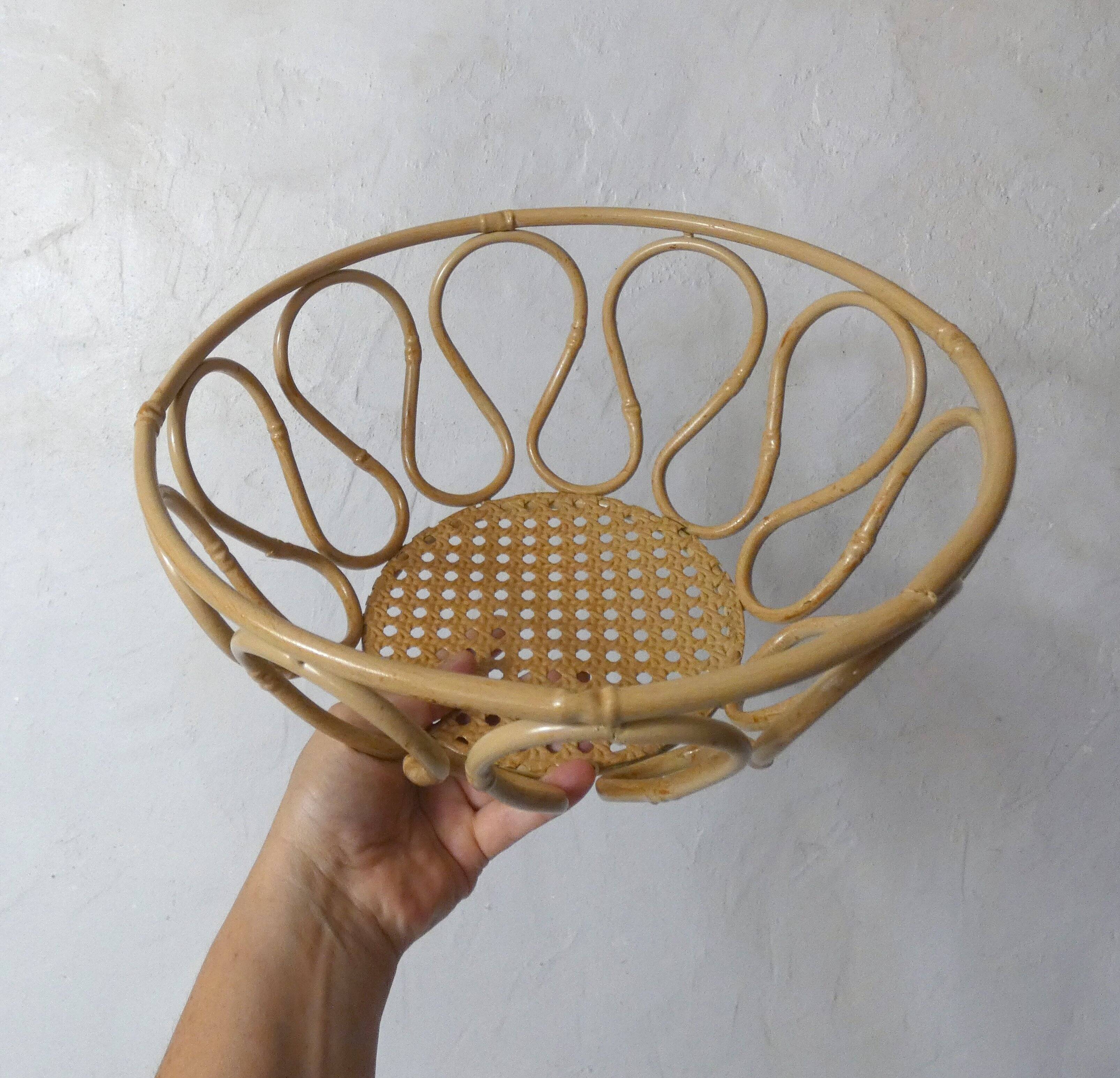 metal fruit bowl in imitation rattan and caning vintage design