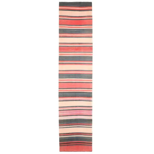 Tapis couloir turc Oushak fait main en laine et coton rouge des années 1970, 90x403.