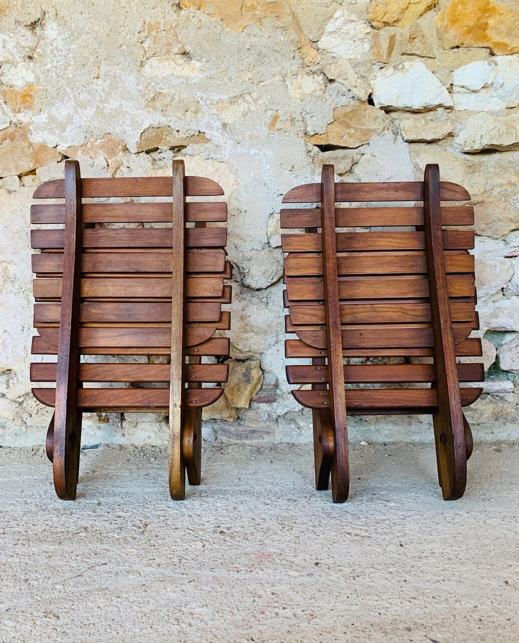 Pair of vintage folding chairs with slats, 1950-1960