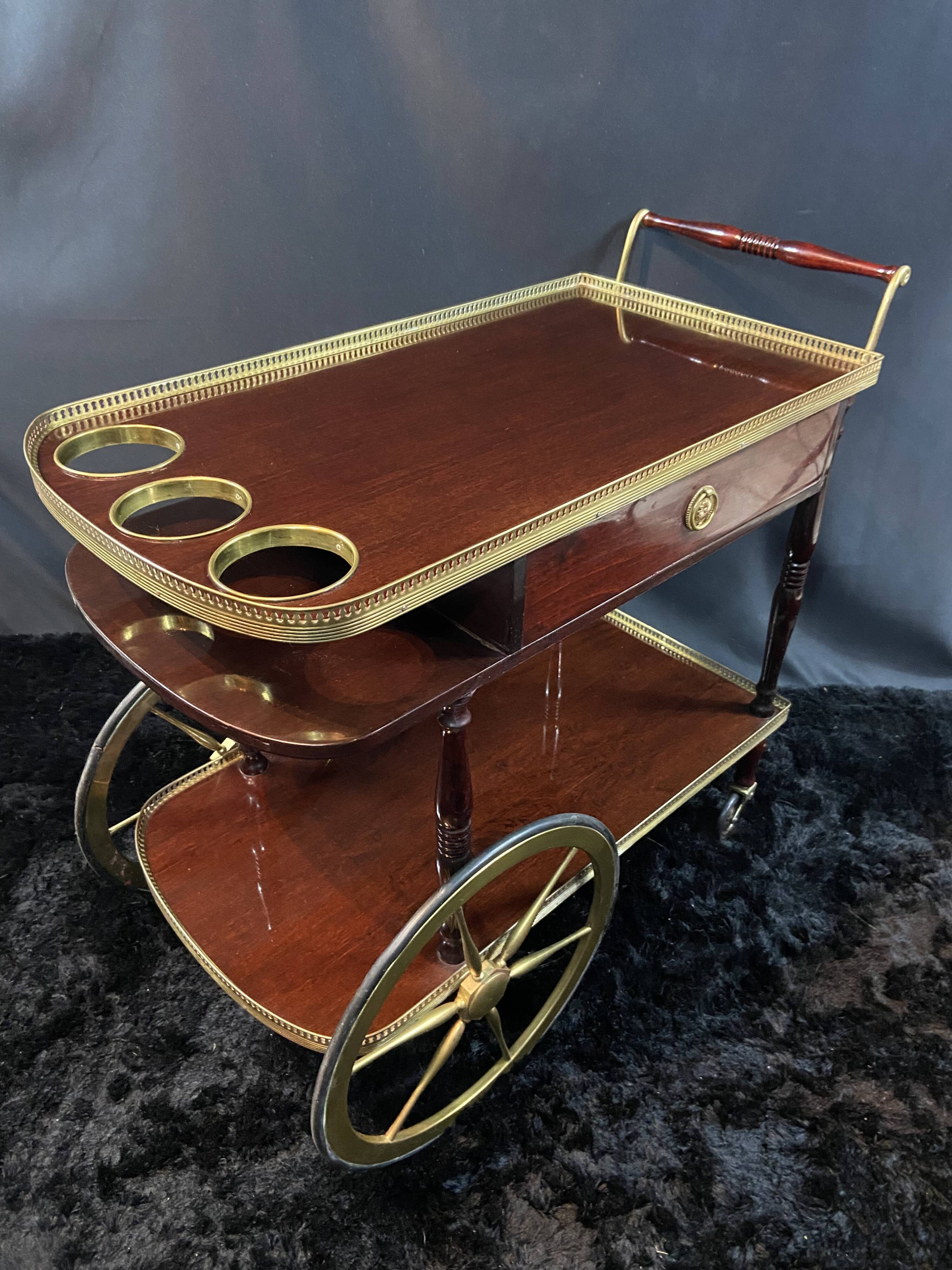 Rolling bar cart, bar trolley, bar rolling in varnished mahogany and brass