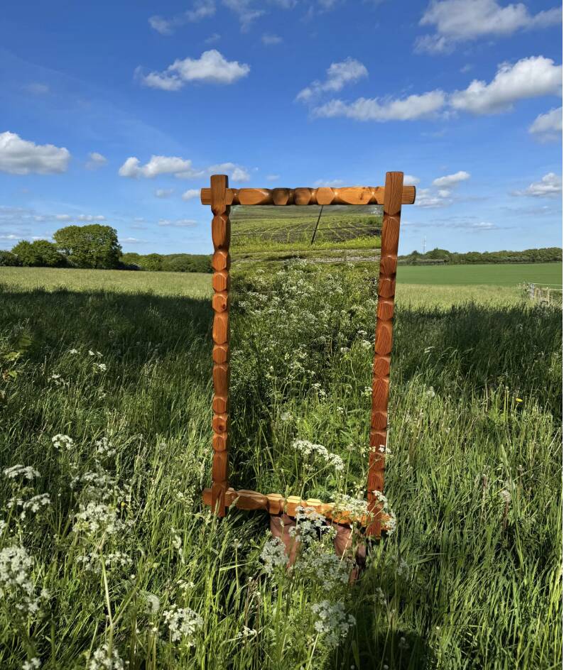 Mirror Glasmäster, Markaryd, Pine Wood Frame, swedish, 1970s, brutalist