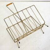 Mid-century openwork magazine rack, in gold metal & wooden handle.