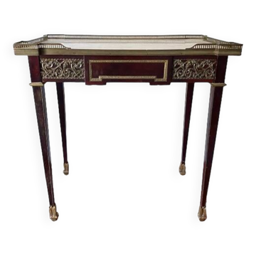 Living room table, Louis XVI style desk in wood, marble and brass
