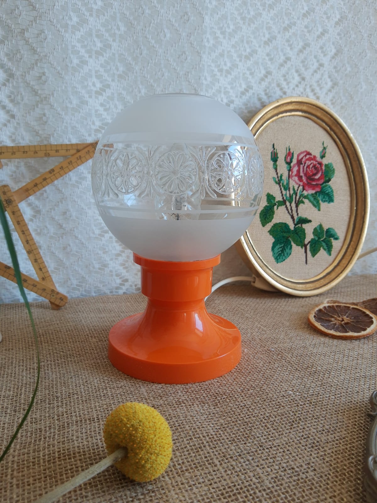 Retro orange table lamp and 70s glass globe