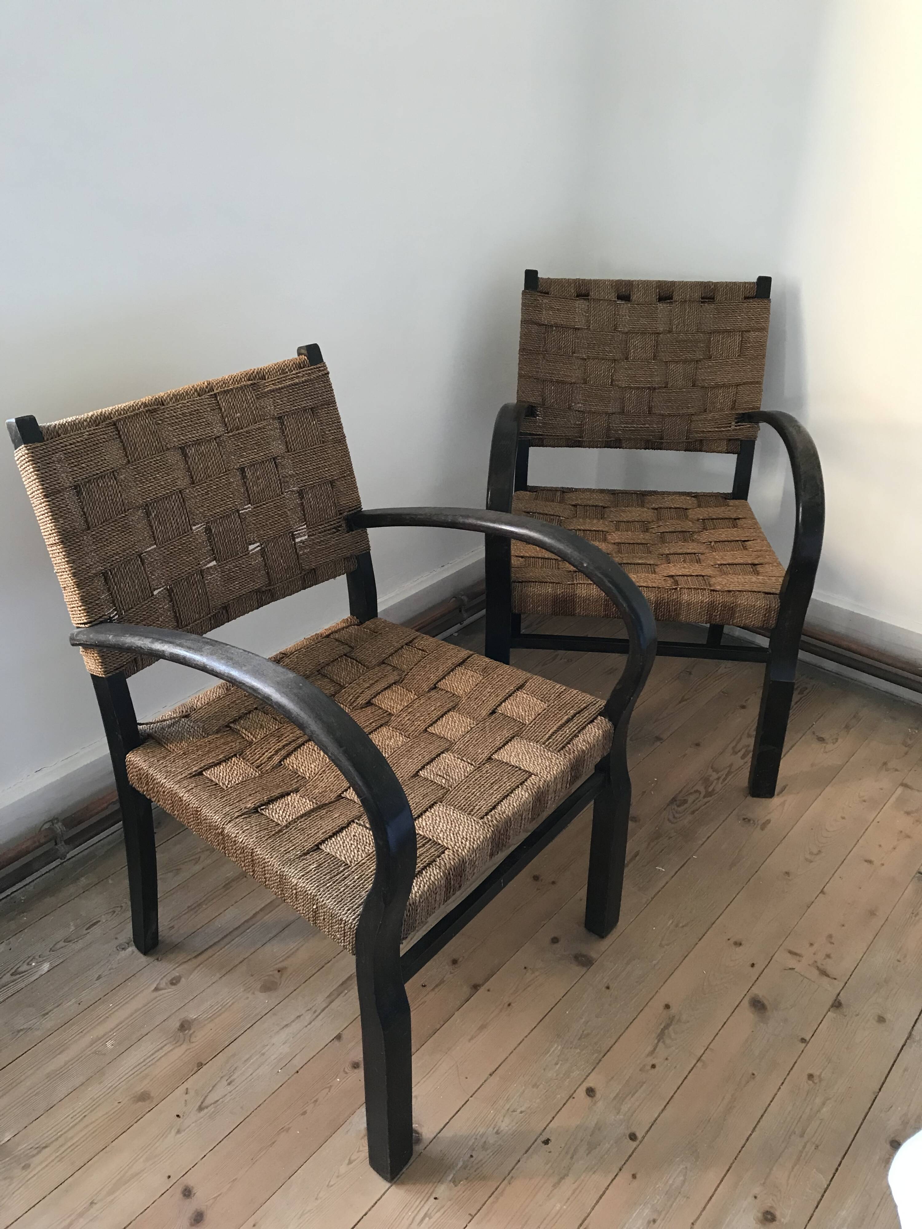 Pair of vintage rope armchairs, wooden frame, Sweden, 1960, Axel Larsson