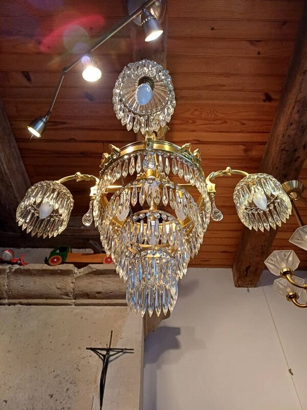 Lustre à pampilles ancien cristal est bronze époque XIXeme