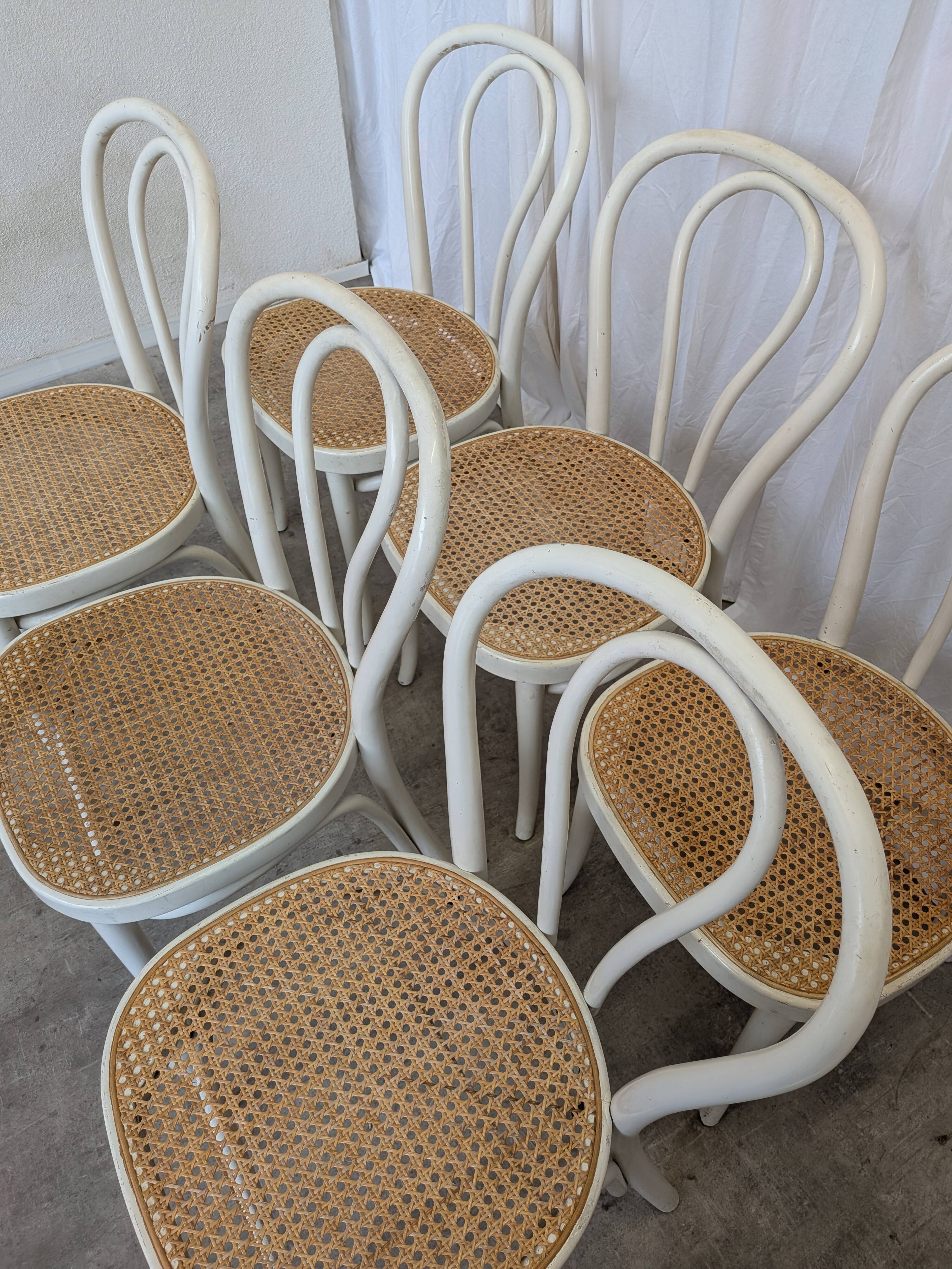 Ensemble de 6 chaises de salle à manger vintage de style Thonet : bois blanc et assise en cannage.