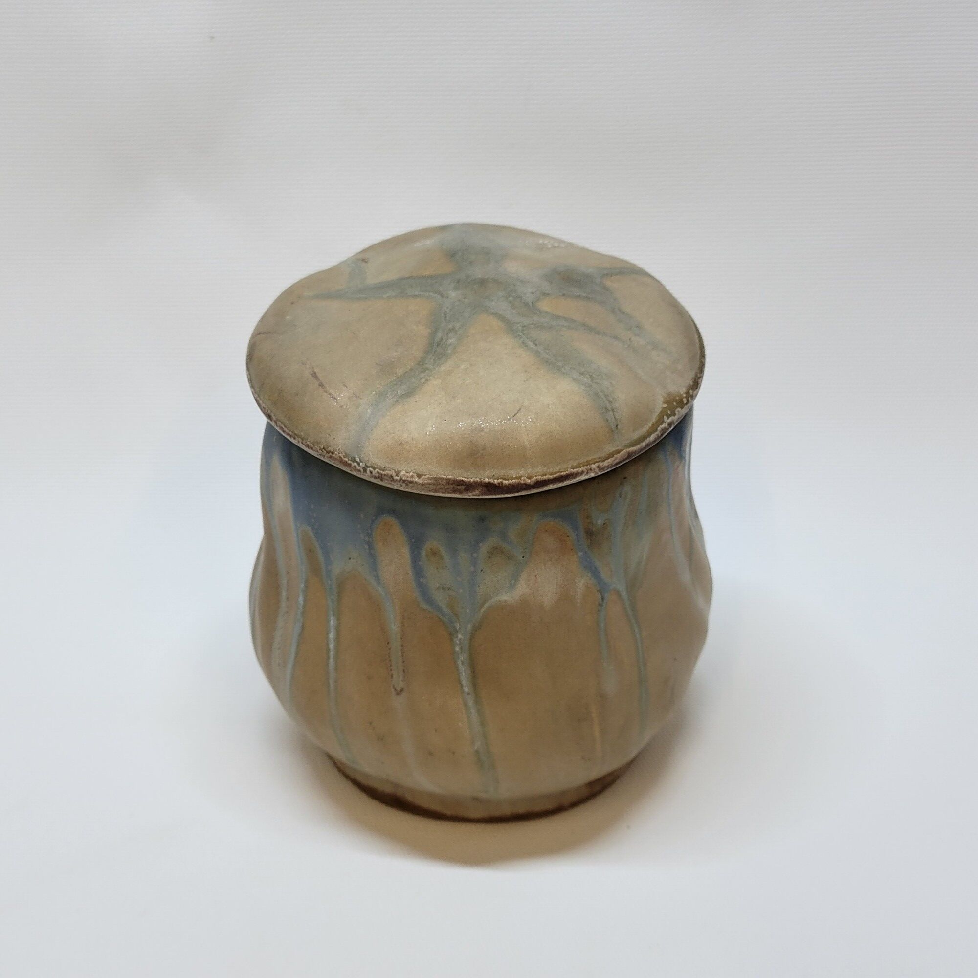 Gilbert Metenier Covered pot in beige and blue art nouveau flamed stoneware
