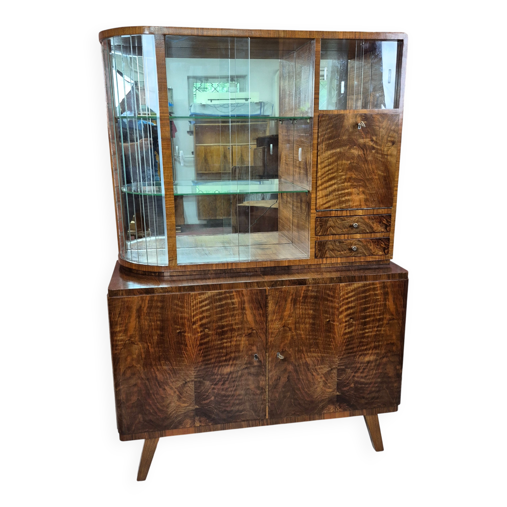 Restored 1960s Mid-Century Walnut Display Cabinet with Slatted Glass